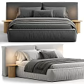 Modern Double Bed Design With Gray White Upholstered Headboard And Wooden Nightstand