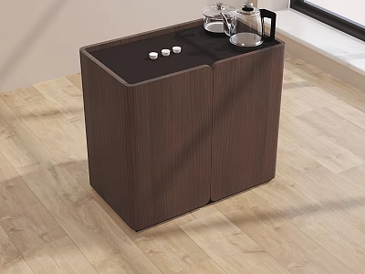 Brown Coffee Table With Cabinet Doors And Glass Teapot Small Teacups On Top 3d model