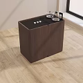 Brown Coffee Table With Cabinet Doors And Glass Teapot Small Teacups On Top
