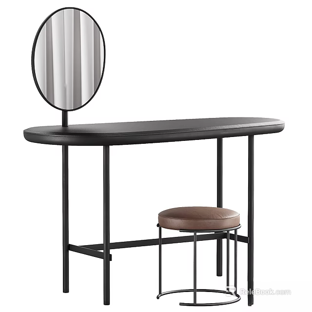 Black Dressing Table with Round Mirror Brown Stool and Metal Frame Design 3d model