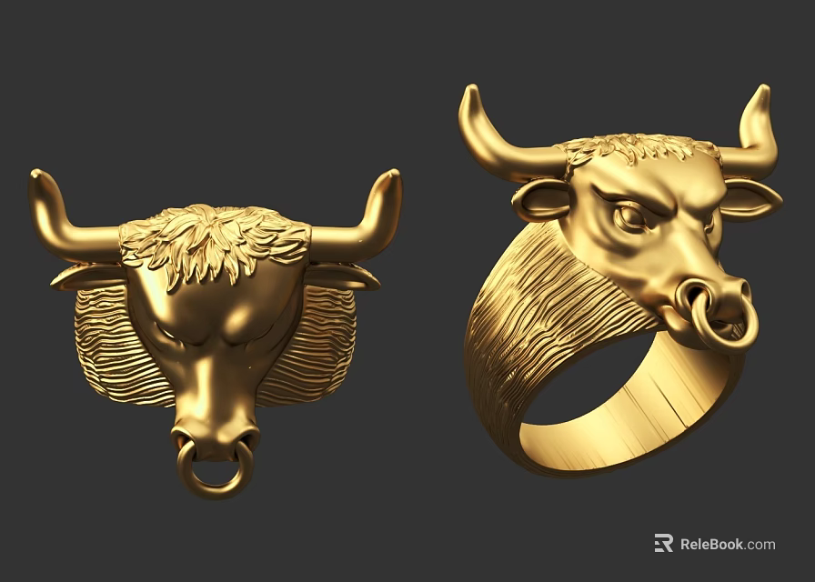 Elegant Golden Bull Head Design Jewelry Pendant And Ring With Exquisite Craftsmanship 3d model 