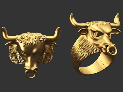 Elegant Golden Bull Head Design Jewelry Pendant And Ring With Exquisite Craftsmanship 3d model