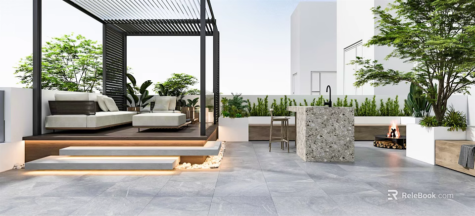Modern Rooftop Garden With Pergola White Sofas Green Plants And Stone Bar Counter 3d model 