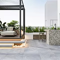 Modern Rooftop Garden With Pergola White Sofas Green Plants And Stone Bar Counter