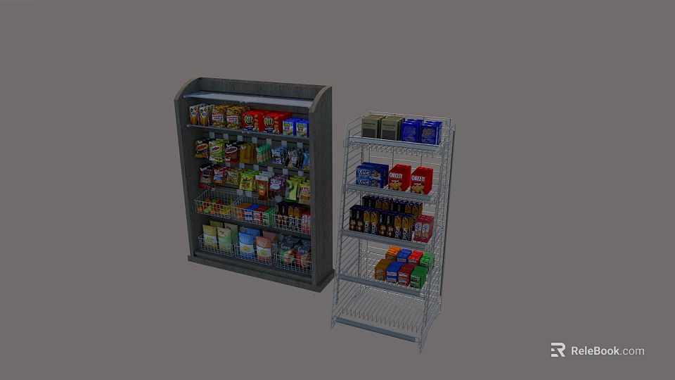 Enclosed And Metal Wire Display Racks With Snacks Beverages And Boxed Products 3d model 