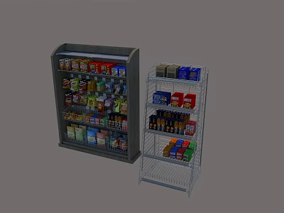 Enclosed And Metal Wire Display Racks With Snacks Beverages And Boxed Products 3d model