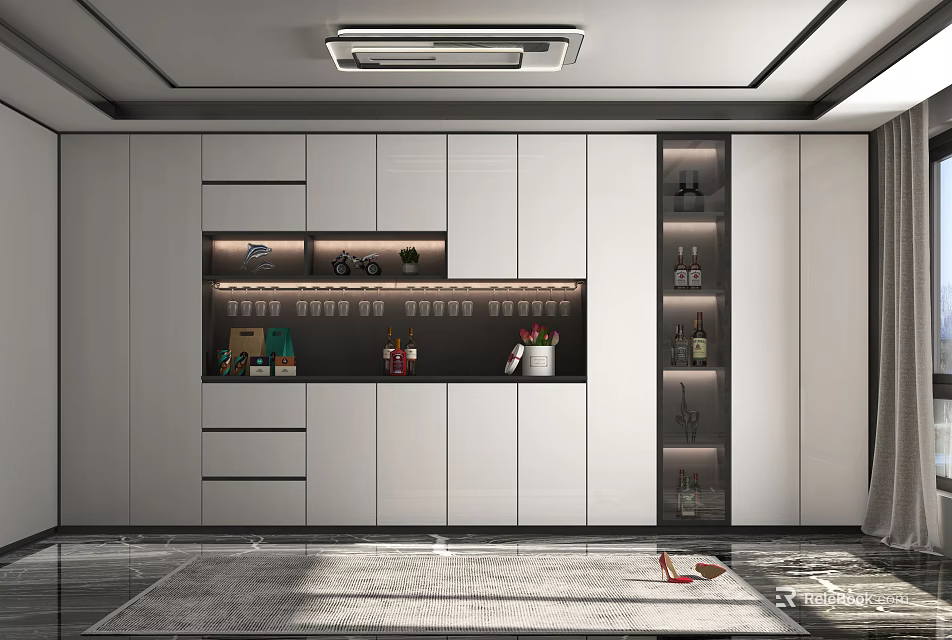 Modern Built in Wine Cabinet Design With Glass Door Display Shelves And Wine Racks 3d model 