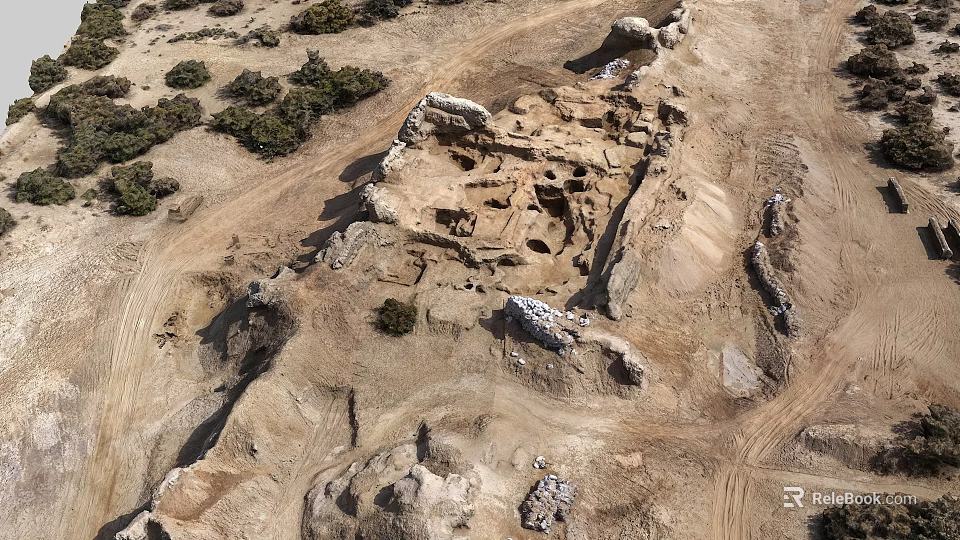 Aerial View Of Scenic Ancient Ruins Landscape With Desert Rock And Vegetation 3d model 