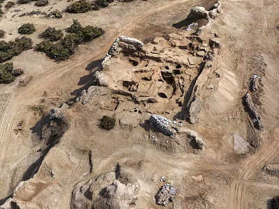 Aerial View Of Scenic Ancient Ruins Landscape With Desert Rock And Vegetation 3d model