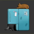 Blue refrigerator open door with items inside orange cat on top gray cat in front
