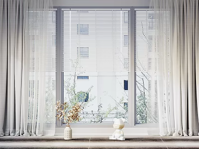 Sheer Light Colored Curtains with White Window Blinds and Vase in Bright Modern Room 3d model
