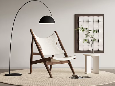 Leisure Chair With Wooden Frame White Cushion Black Floor Lamp And Decorative Wall Art 3d model