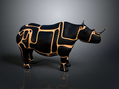 Rhino Sculpture With Black And Gold Geometric Art Patterns Design 3d model