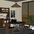 Cozy Restaurant Interior With Round Dining Table Dark Cabinets Pendant Light Blinds And Green Plant