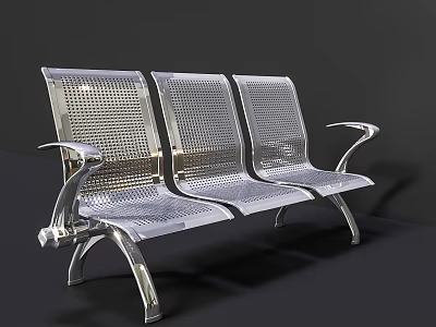 Silver Three Seat Modern Metal Public Chair with Perforated Backrest Armrests 3d model