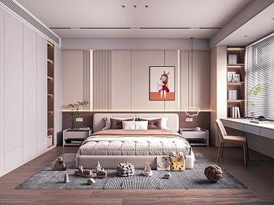 Modern Kids Bedroom Interior Design With Bed Desk Bookshelf Toys Decorative Rug And Painting 3d model