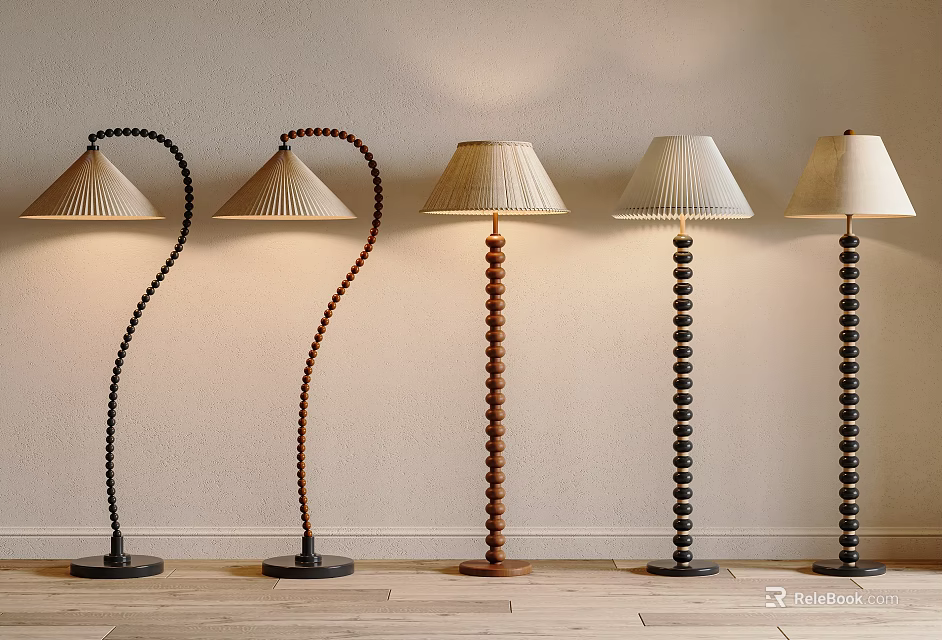 Modern Floor Lamps With Curved Beaded Poles Fabric Shades And Wooden Metal Bases 3d model 