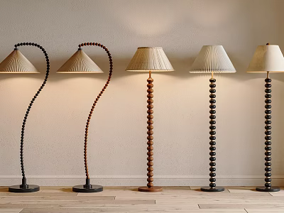 Modern Floor Lamps With Curved Beaded Poles Fabric Shades And Wooden Metal Bases 3d model