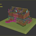 Colorful Roof Wooden House With Orange Walls Ladder Stone Base And Green Grass
