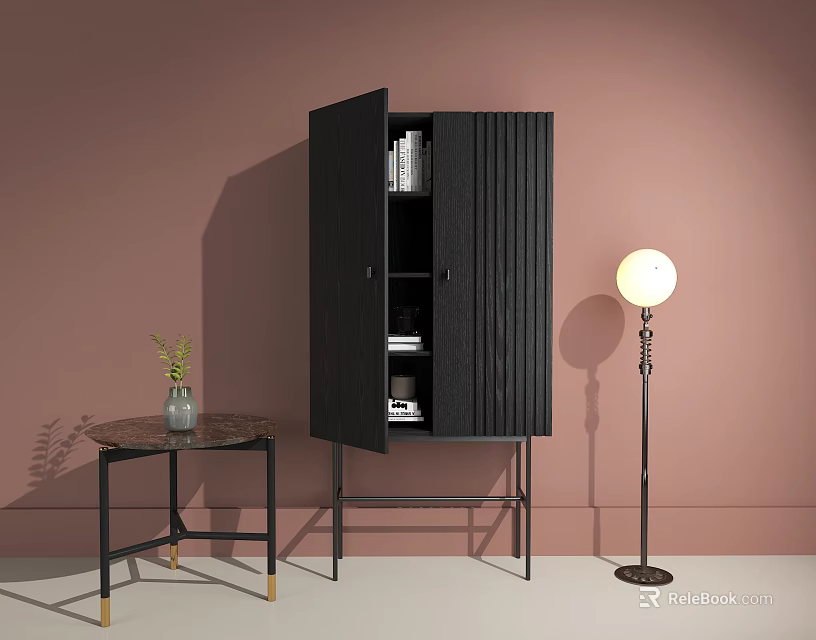 Black Bookcase With Open Doors Books Small Round Table Vase Green Plant And Floor Lamp 3d model 