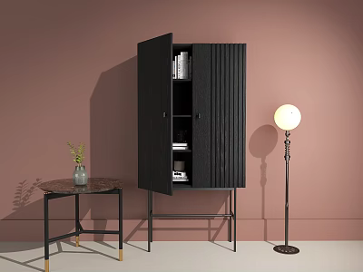 Black Bookcase With Open Doors Books Small Round Table Vase Green Plant And Floor Lamp 3d model