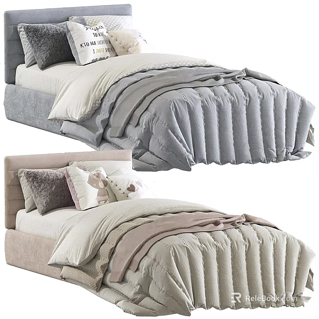Cozy Modern Single Bed With Soft Gray Beige Quilt And Decorative Pillows 3d model 