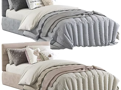 Cozy Modern Single Bed With Soft Gray Beige Quilt And Decorative Pillows 3d model