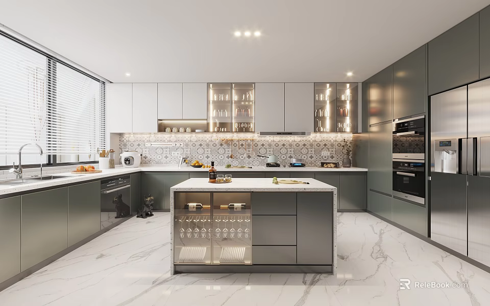Modern Kitchen Interior Design With Marble Island Countertop Cabinets And Appliances 3d model 
