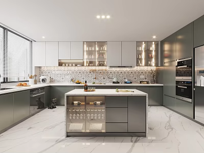Modern Kitchen Interior Design With Marble Island Countertop Cabinets And Appliances 3d model
