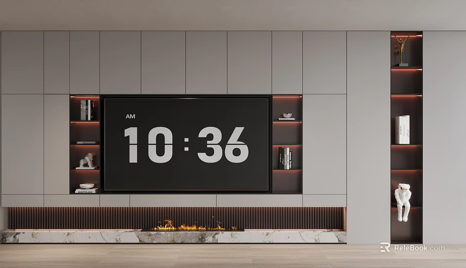 Sleek Modern TV Wall Unit With Gray Cabinetry Built-in TV Fireplace Marble Countertop Open Shelves 3d model 