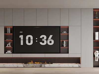 Sleek Modern TV Wall Unit With Gray Cabinetry Built-in TV Fireplace Marble Countertop Open Shelves 3d model