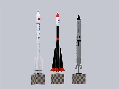 Three Detailed Rocket Models With Different Colors On Checkered Bases 3d model