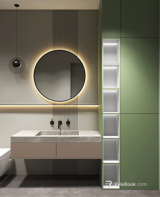 Modern Bathroom Washbasin With Circular Backlit Mirror Green Cabinet White Paneled Shelves And Marble Countertop 3d model 