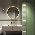 Modern Bathroom Washbasin With Circular Backlit Mirror Green Cabinet White Paneled Shelves And Marble Countertop