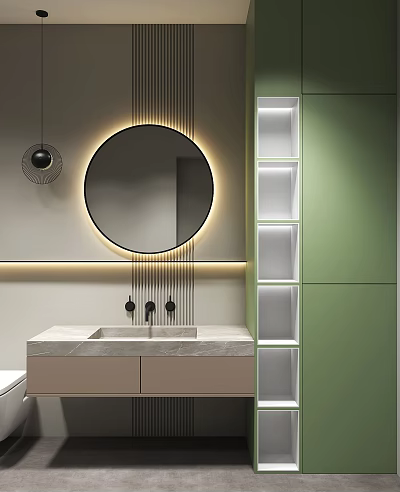 Modern Bathroom Washbasin With Circular Backlit Mirror Green Cabinet White Paneled Shelves And Marble Countertop 3d model