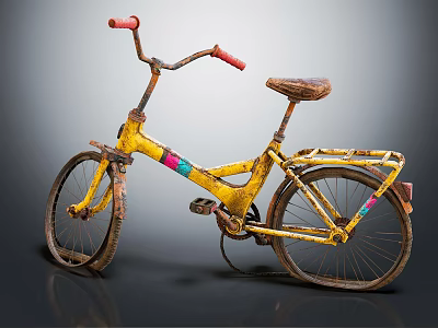 Vintage Yellow Bicycle With Red Handlebars Brown Seat And Rusty Worn Wheels 3d model