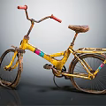 Vintage Yellow Bicycle With Red Handlebars Brown Seat And Rusty Worn Wheels