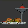 Colorful Tableware Including White Plate With Spring Rolls French Fries Tomato Slices And Pink Goblet