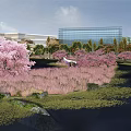 Serene Urban Park Landscape With Waterfall Colorful Trees And Modern Skyscrapers