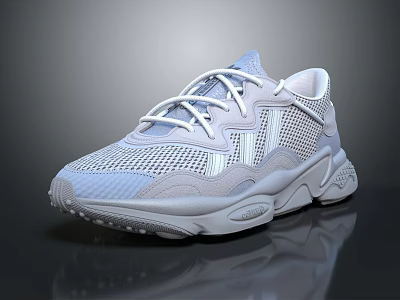 Light Blue And White Mesh Sports Sneakers With Lace Up Design And Chunky Sole 3d model
