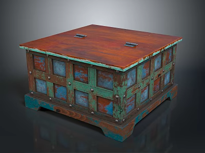 Vintage Wooden Storage Box With Square Shape Turquoise Green Panels And Rustic Brown Top 3d model