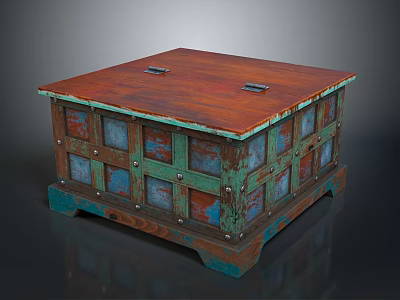 Vintage Wooden Storage Box With Square Shape Turquoise Green Panels And Rustic Brown Top 3d model