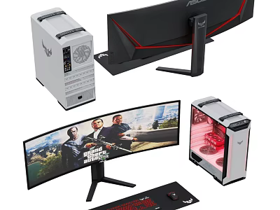 Modern Gaming PC Setup With Curved Monitor RGB Case And Mouse Pad 3d model