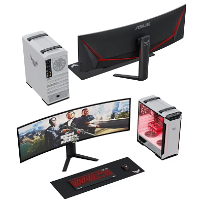 Modern Gaming PC Setup With Curved Monitor RGB Case And Mouse Pad 3d model