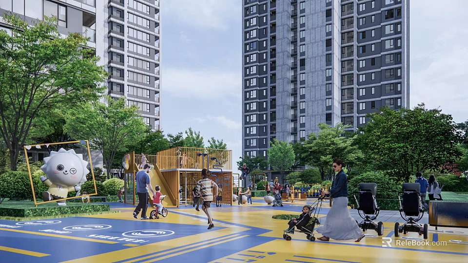 Outdoor Children's Play Area With Playground Equipment Green Trees And Parental Strollers 3d model 