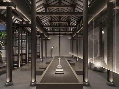 Traditional Chinese Teahouse Interior With Wooden Pillars Long Table And Sloped Roof Beams 3d model