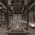 Traditional Chinese Teahouse Interior With Wooden Pillars Long Table And Sloped Roof Beams