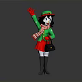 Cartoon Character Waving With Green Hat Red White Scarf Red Skirt And Black Handbag