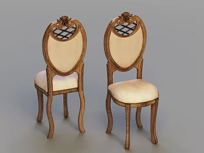 Vintage Wooden Dining Chairs With Carved Backrest And Light Padded Seats 3d model