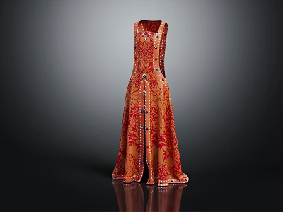 Sleeveless Long Dress With Orange Red Floral Pattern And Button Accents 3d model